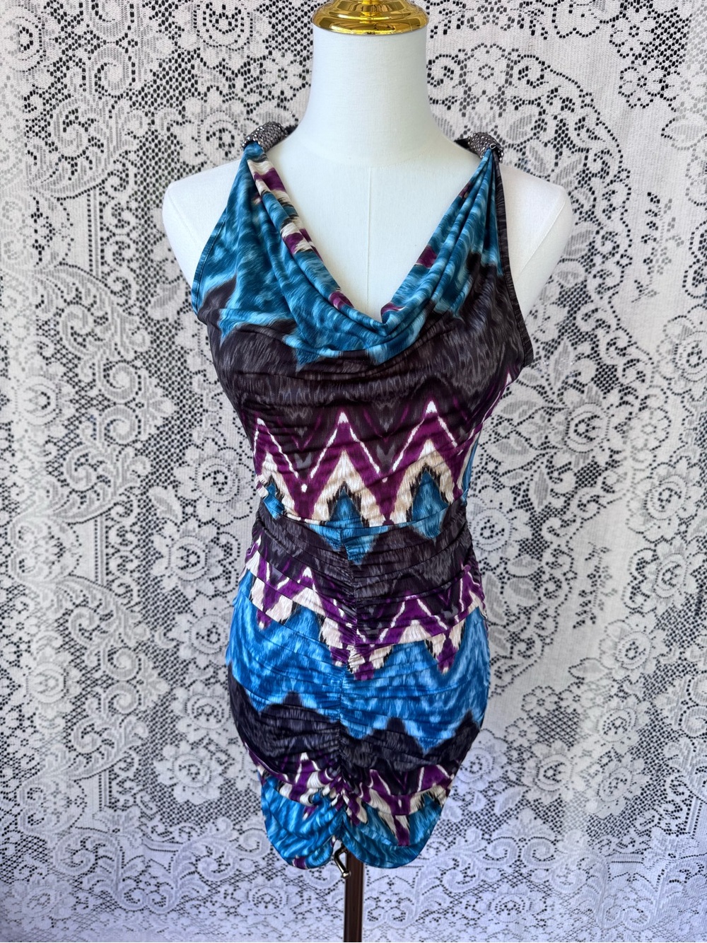 Misope Teal, Purple & Black Abstract Print Mini Slinky Party Dress